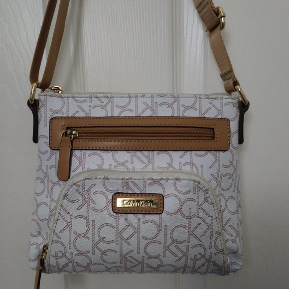Calvin Klein Long Adjustable Strap White Brown Logo Crossbody Bag Zipper Closure